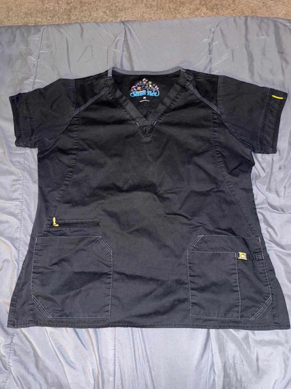 WonderWink Black Short Sleeve V-Neck Scrub Top with Yellow Accents